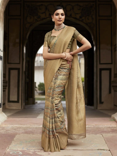 Marvelous Olive Green Digital Printed Tissue Silk Traditional Saree